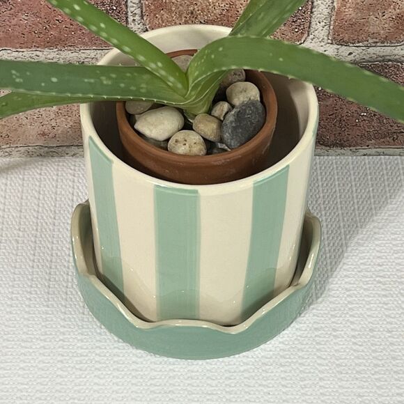 Striped Ceramic Planter Scallop Petal Edge DRAINAGE Attached Saucer Blue Cream - Picture 7 of 12
